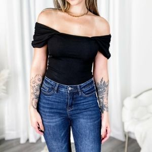 COPY - NWOT Saints and Hearts Black Ribbed Knit Ruched Puffed Sleeve Bodysuit